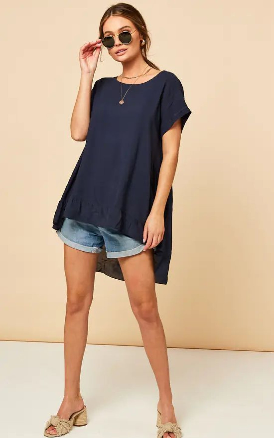 Tops * | Budget Bella And Blue Dipped Frill Hem T Shirt Top In Navy