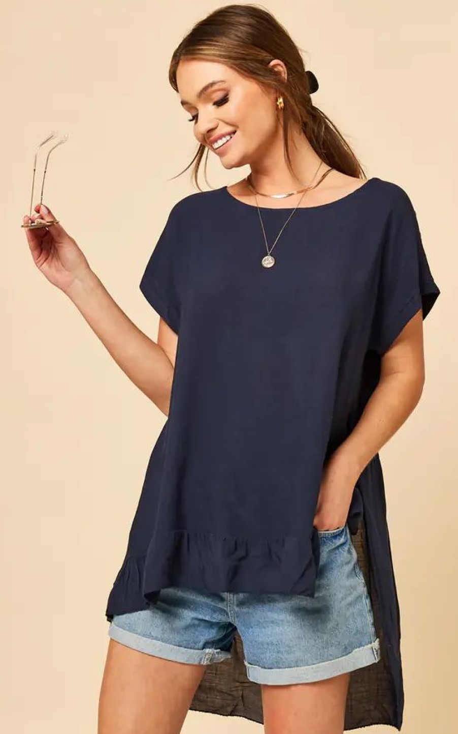 Tops * | Budget Bella And Blue Dipped Frill Hem T Shirt Top In Navy