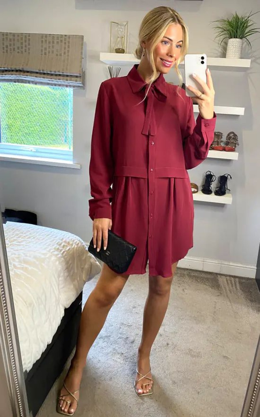 Tops * | Best Deal Hoxton Gal Oversized Fit Tie Detailed Shirt Tunic In Burgundy