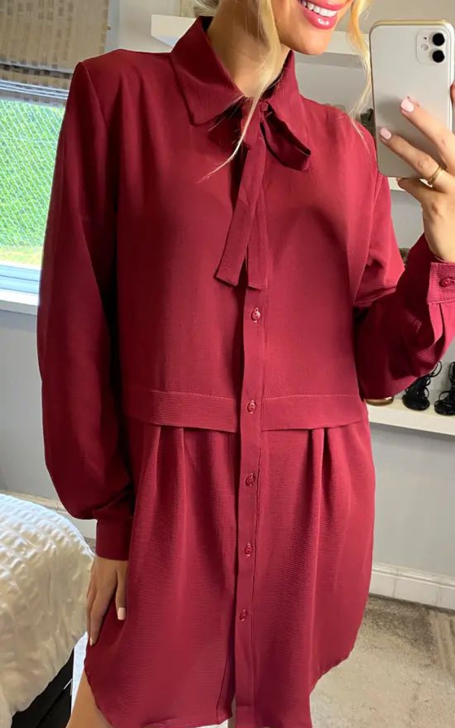 Tops * | Best Deal Hoxton Gal Oversized Fit Tie Detailed Shirt Tunic In Burgundy