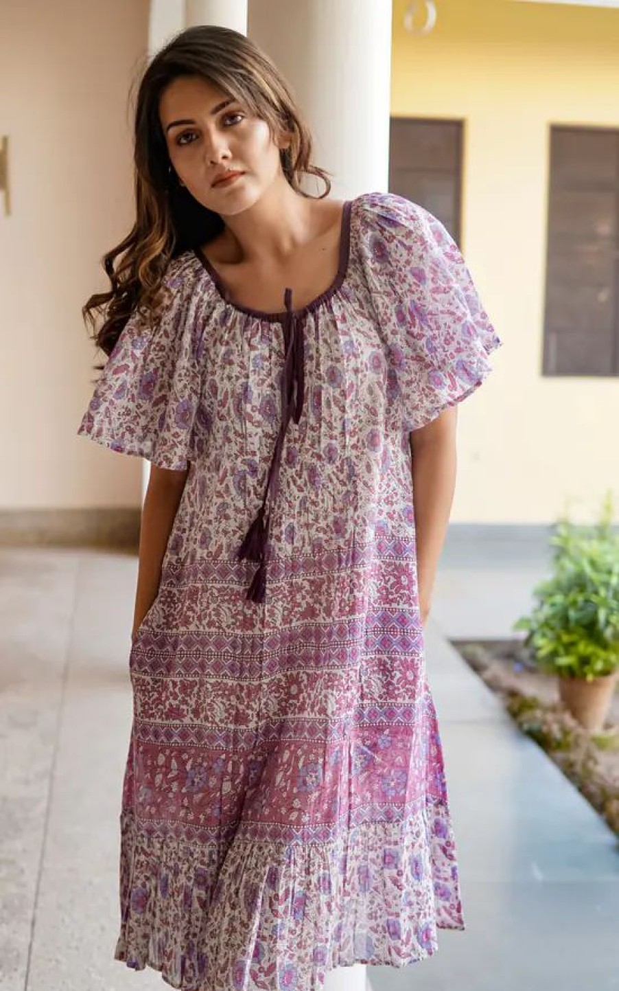 Dresses * | New La Mandarine Beachwear Alicia Summer Dress In Purple & White Print