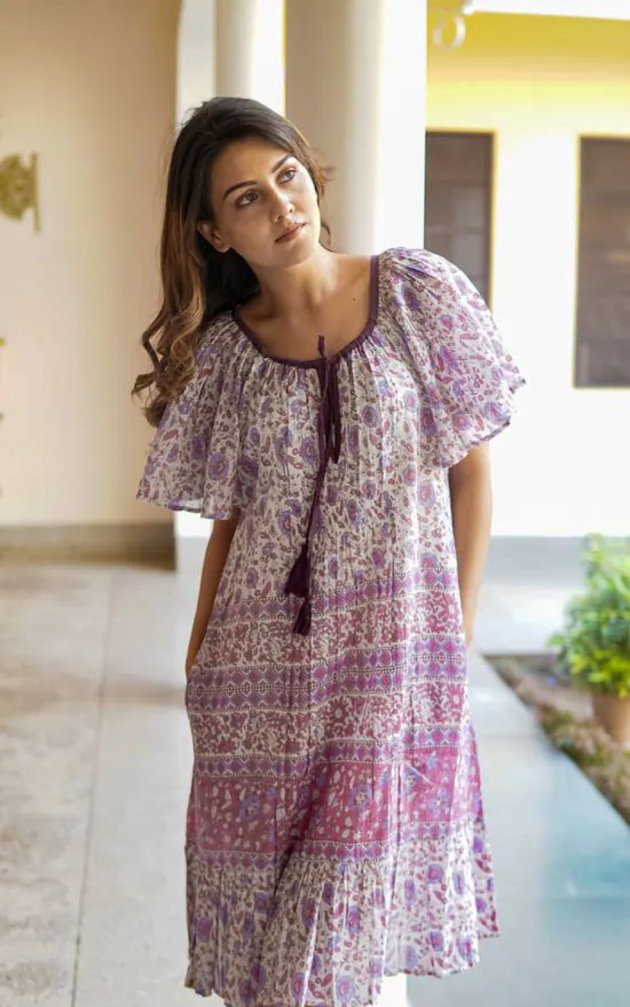 Dresses * | New La Mandarine Beachwear Alicia Summer Dress In Purple & White Print