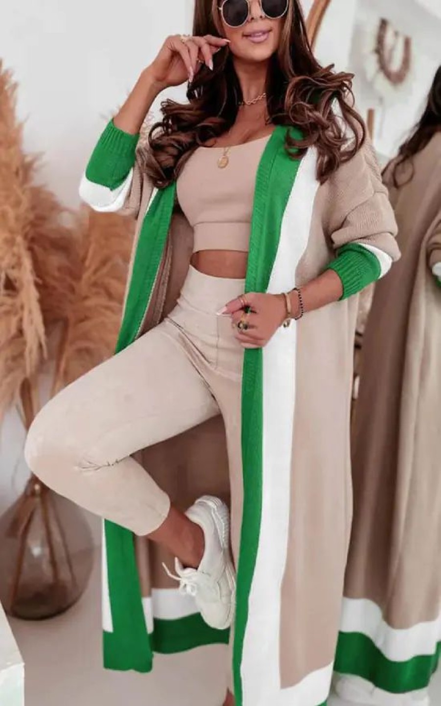 Knitwear * | Best Deal Ikrush Marlowe Beige Maxi Cardigan With Border Details In Green