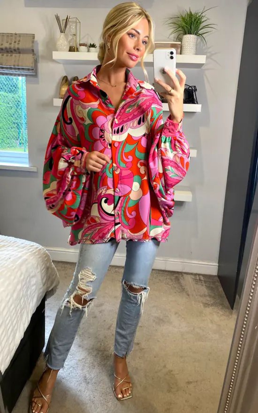 Tops * | Wholesale Cy Boutique Oversized Long Sleeve Shirt In Pink Green Paisley Scarf Print