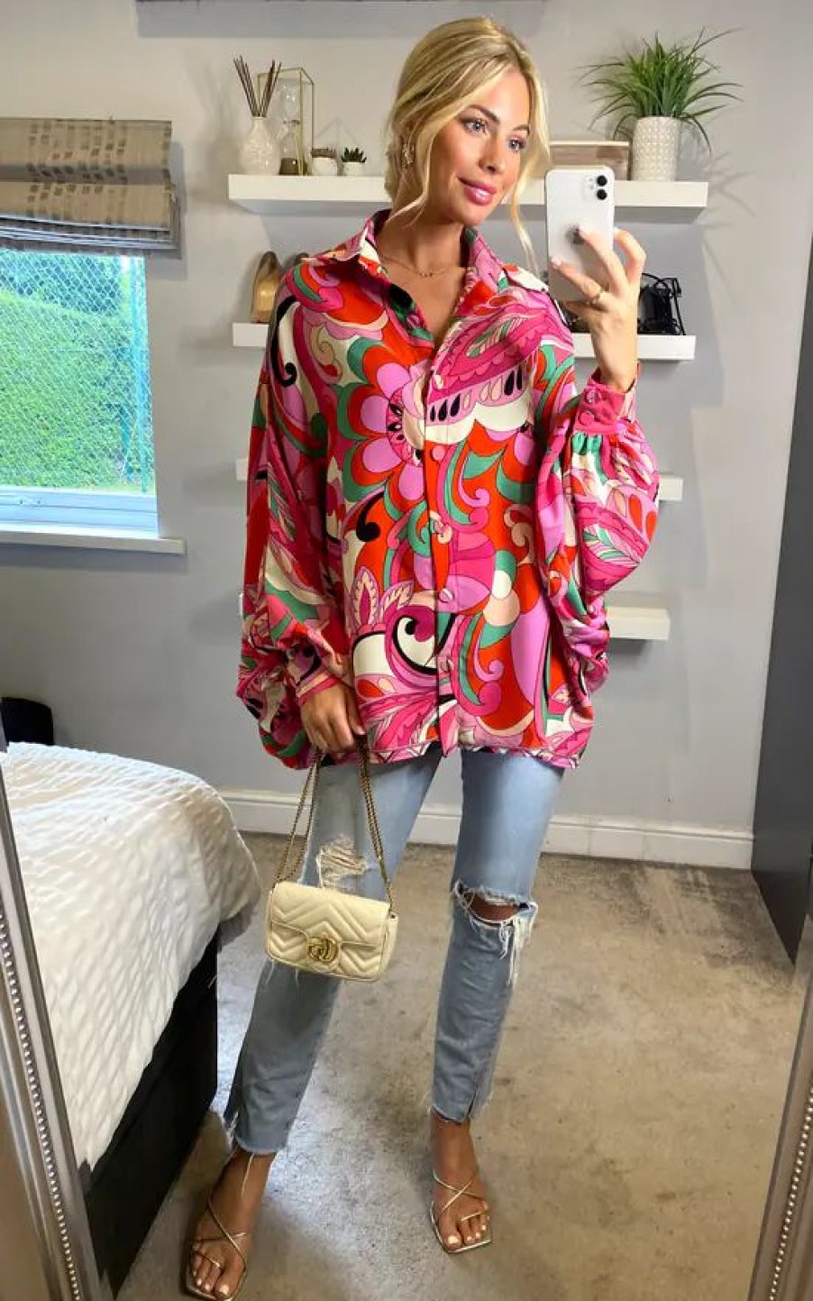 Tops * | Wholesale Cy Boutique Oversized Long Sleeve Shirt In Pink Green Paisley Scarf Print