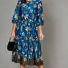 Dresses * | Budget Ruby Rocks Tina Trapeze Midi Dress In Blue Maple Leaf Print