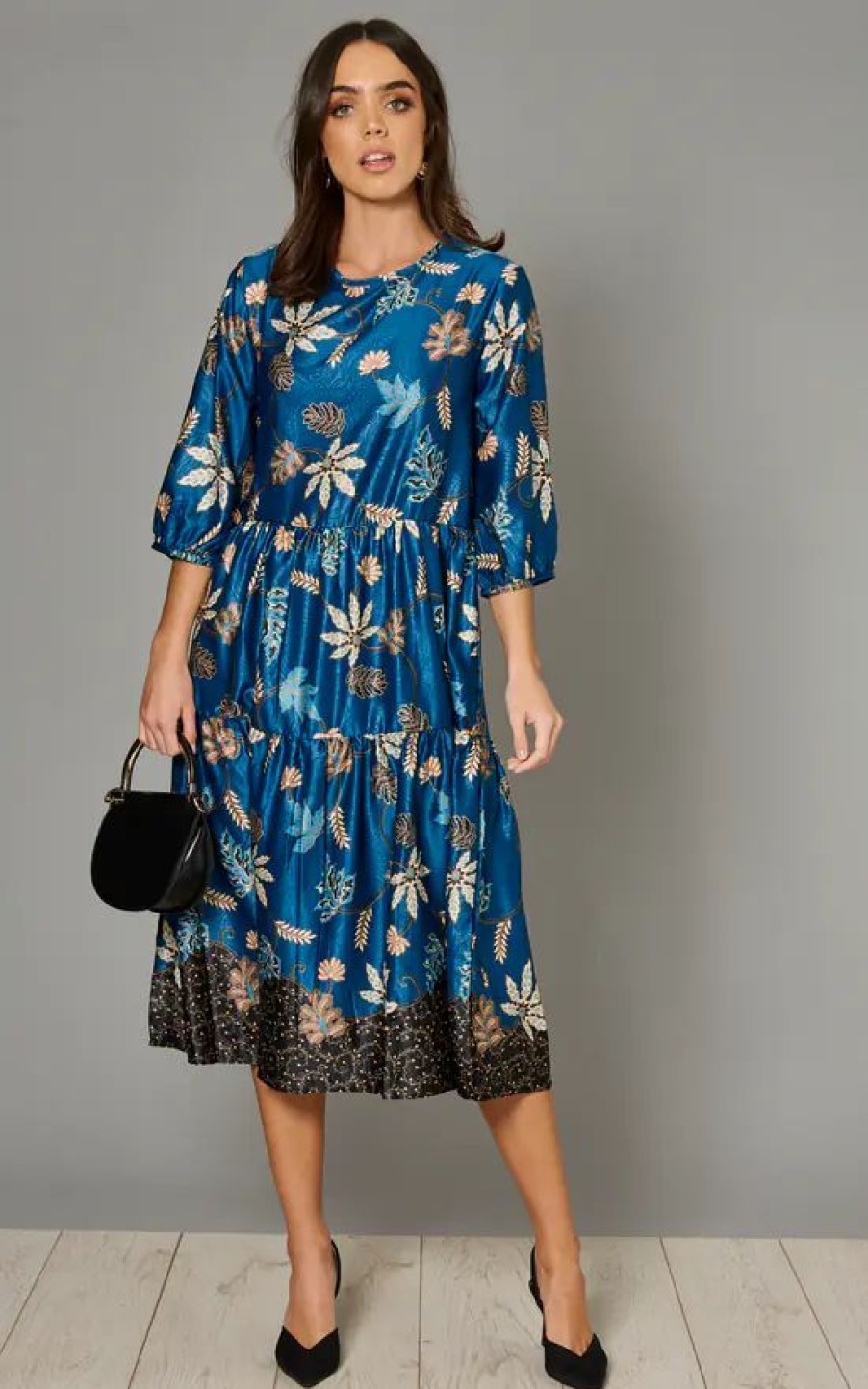 Dresses * | Budget Ruby Rocks Tina Trapeze Midi Dress In Blue Maple Leaf Print