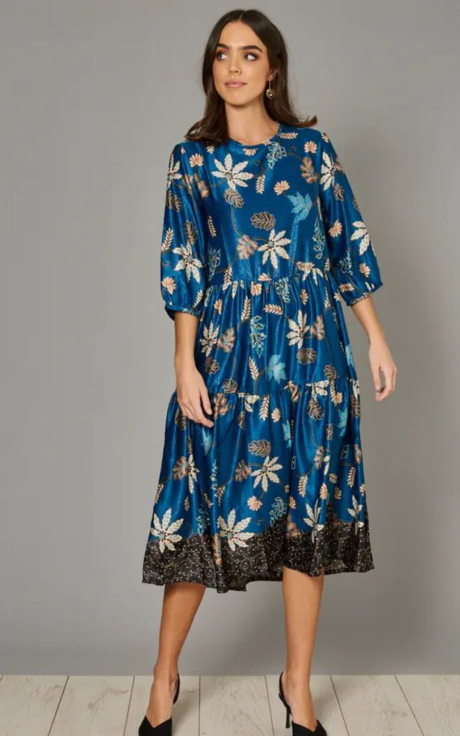 Dresses * | Budget Ruby Rocks Tina Trapeze Midi Dress In Blue Maple Leaf Print