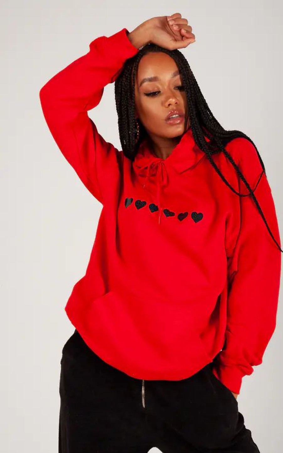 Sweaters & Hoodies * | Discount Lime Blonde Oversized Hoodie In Red With Black Glitter Hearts