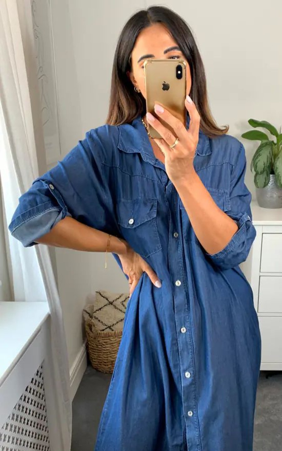 Dresses * | Top 10 Hoxton Gal Oversized Denim Maxi Shirt Dress With Pocket Details