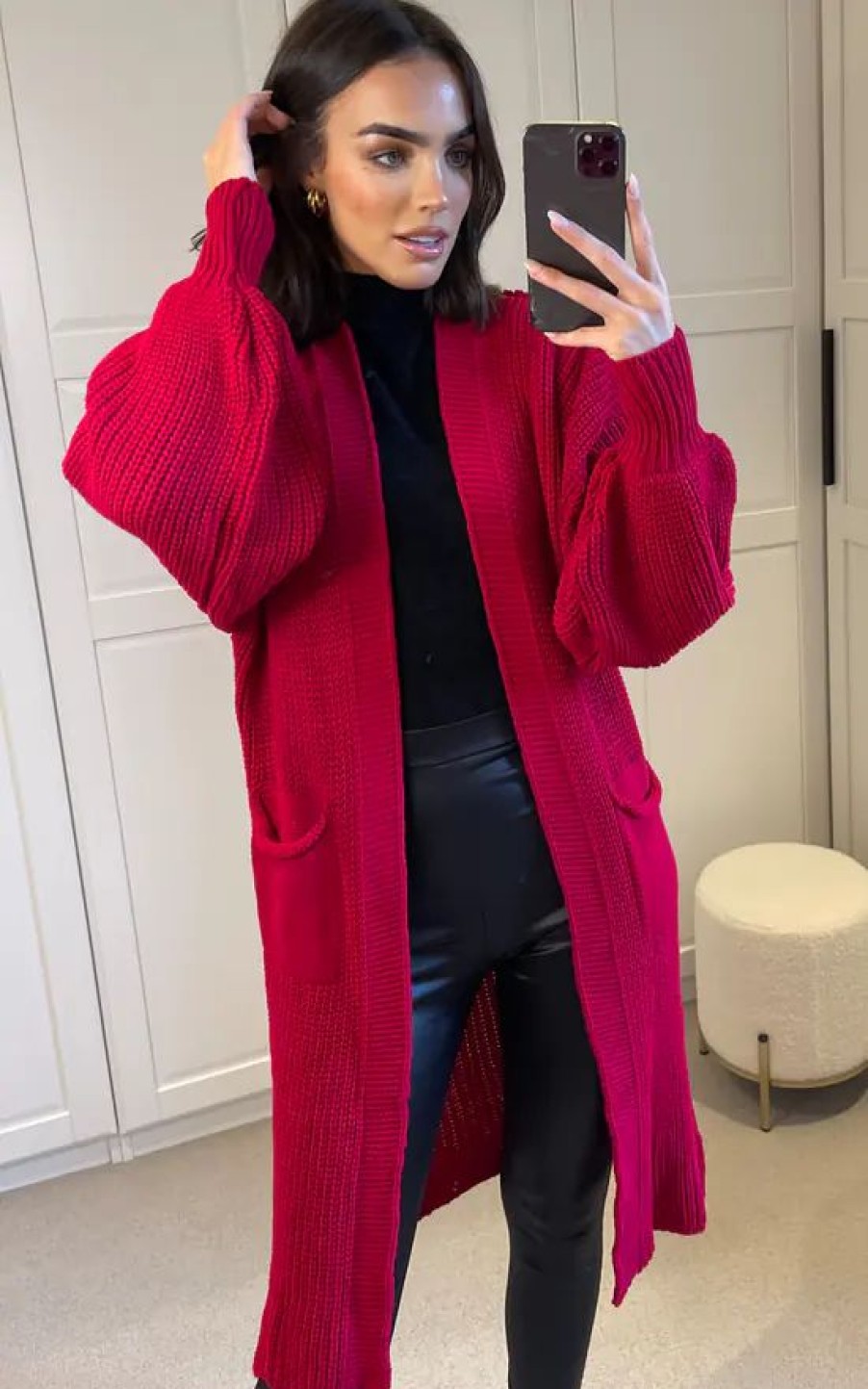 Knitwear * | Discount Signage Oversized Red Knit Longline Cardigan With Pockets And Balloon Sleeves