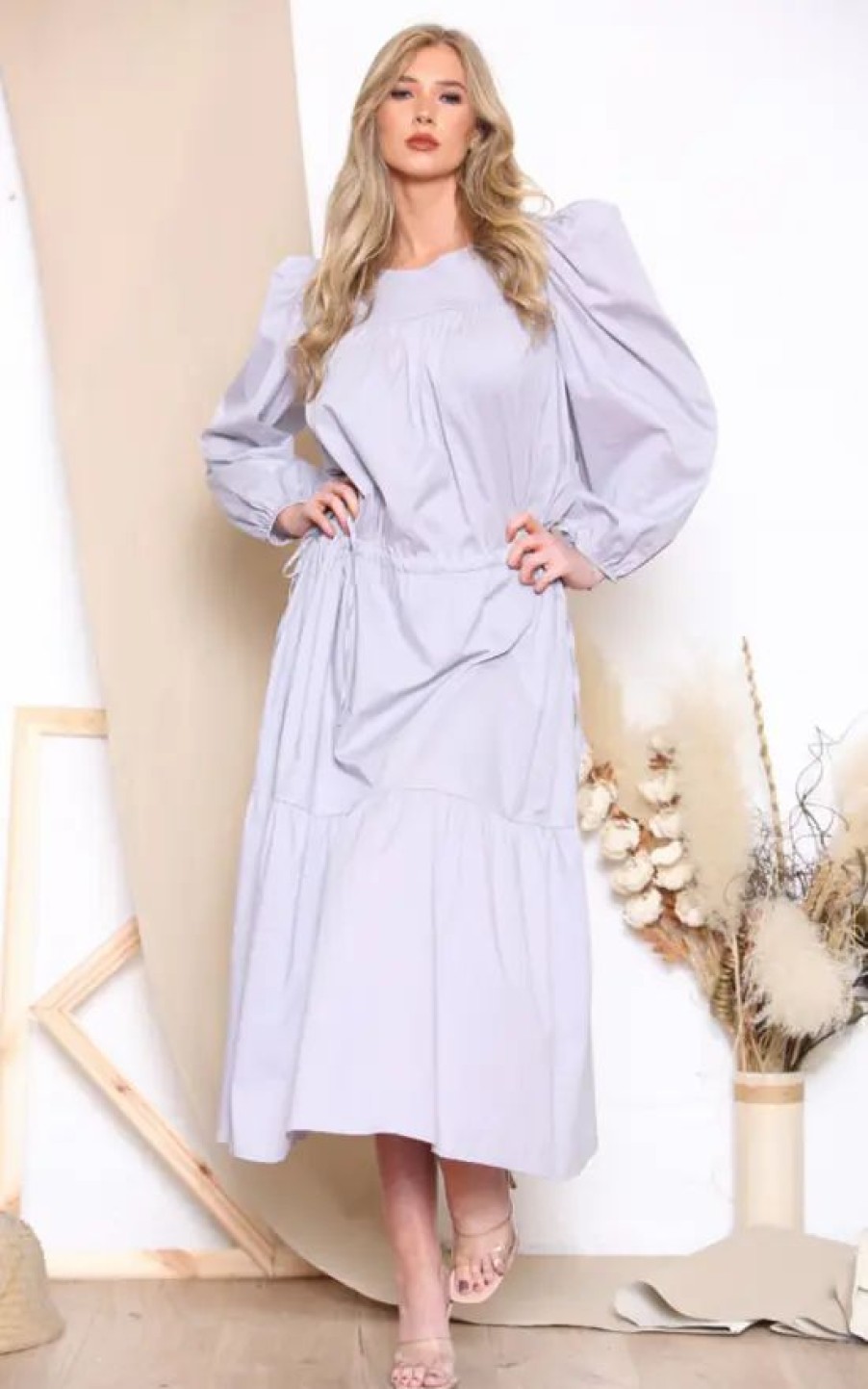 Dresses * | Best Sale Loes House Long Puff Sleeve Round Neck Shirt Maxi Dress In White