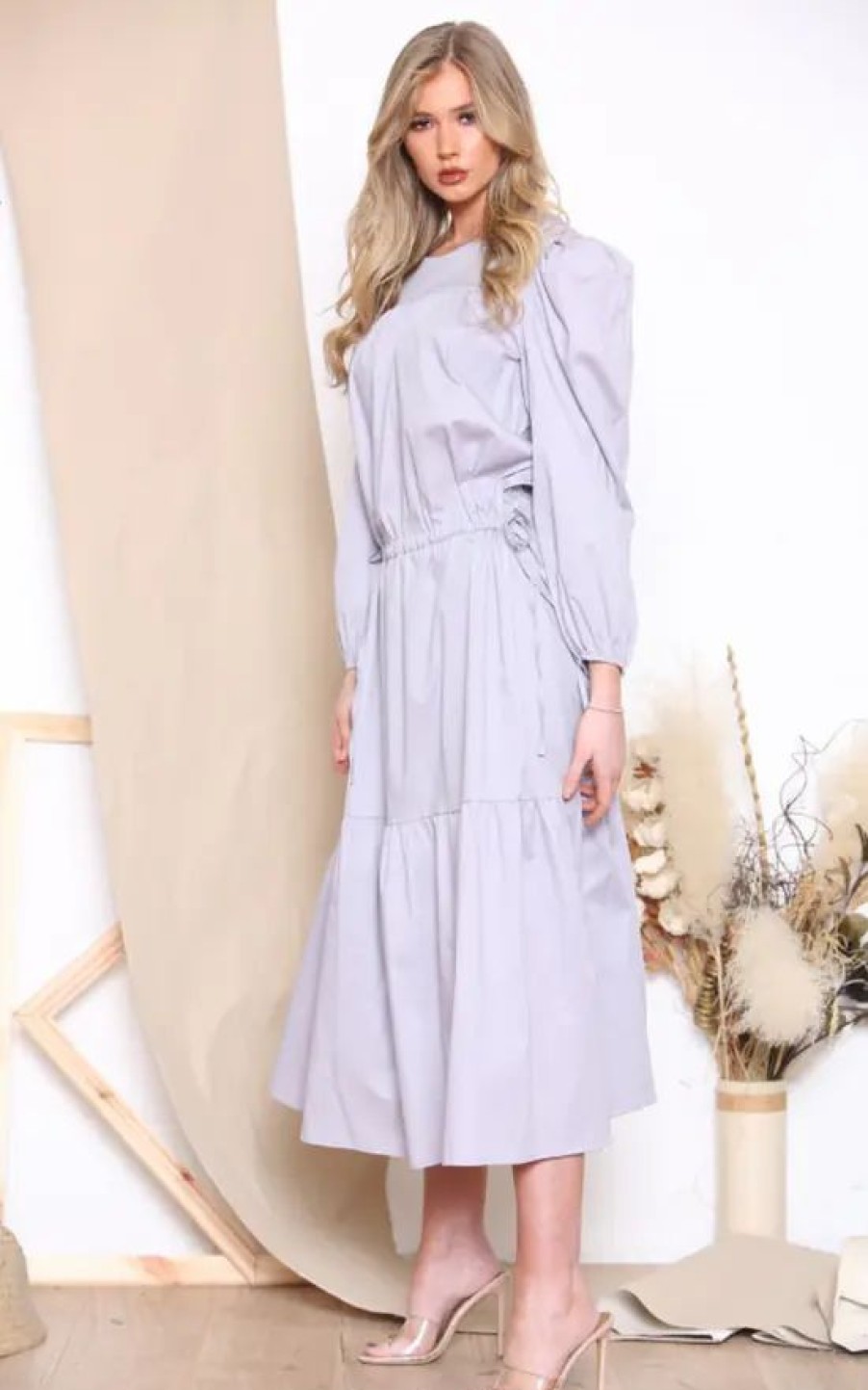 Dresses * | Best Sale Loes House Long Puff Sleeve Round Neck Shirt Maxi Dress In White