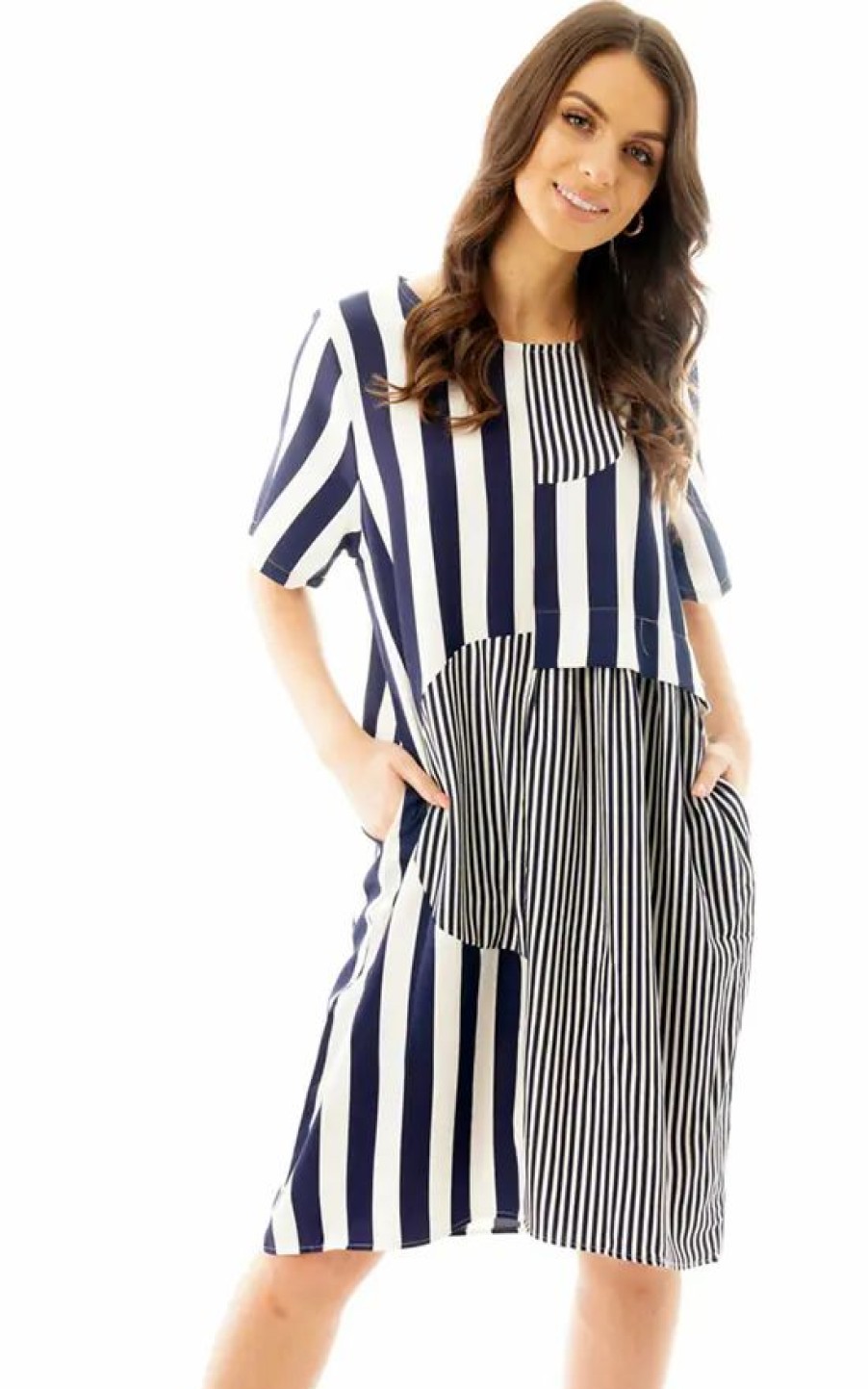 Dresses * | Best Reviews Of Loes House Striped Linen Look Smock Dress In Navy