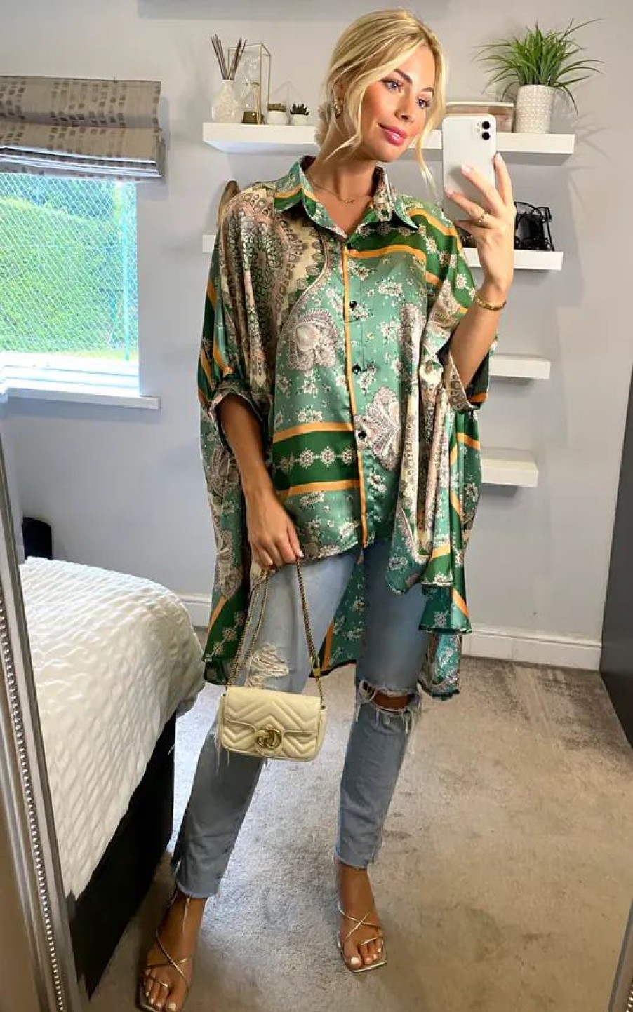 Tops * | Brand New Cy Boutique Oversized Shirt In Light Green Floral Scarf Print