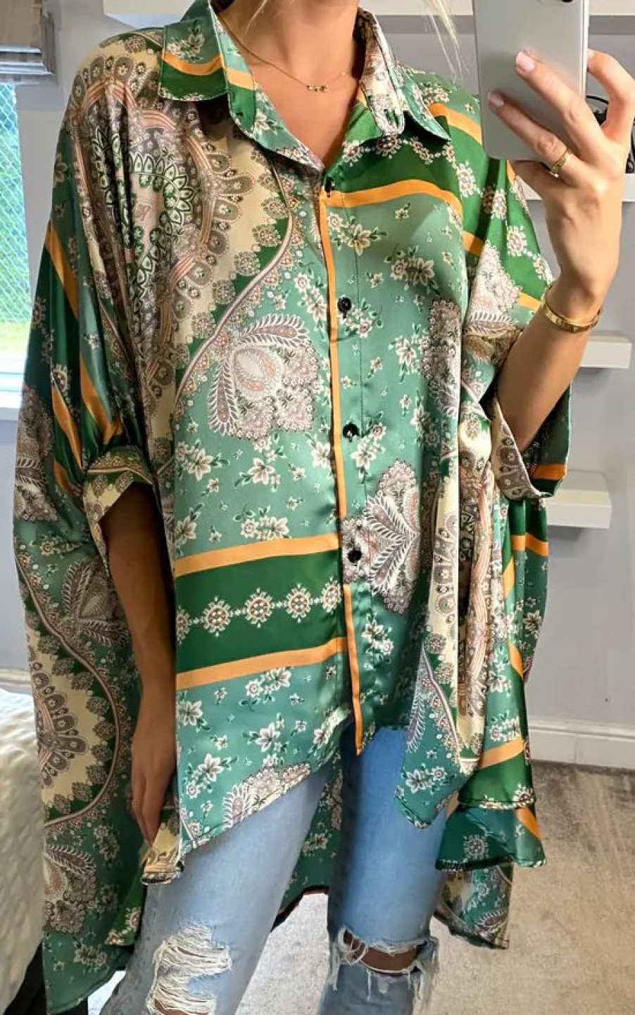 Tops * | Brand New Cy Boutique Oversized Shirt In Light Green Floral Scarf Print