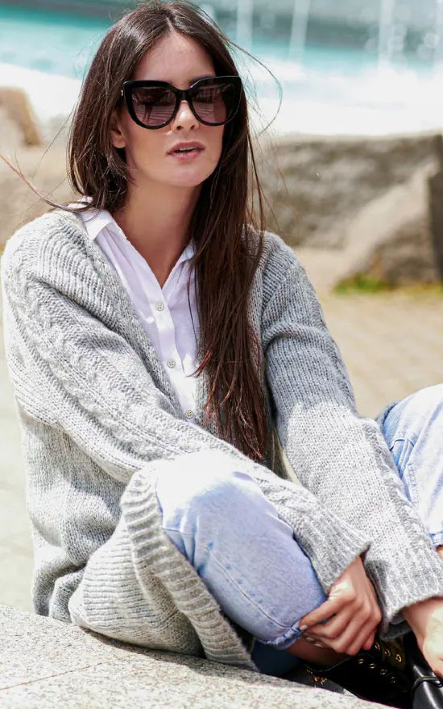 Knitwear * | Buy Makadamia Grey Cardigan With Braid Detail