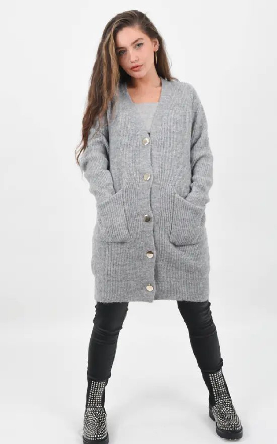 Knitwear * | Cheap Boutique Store Grey Knitted Oversized Button Up Cardigan