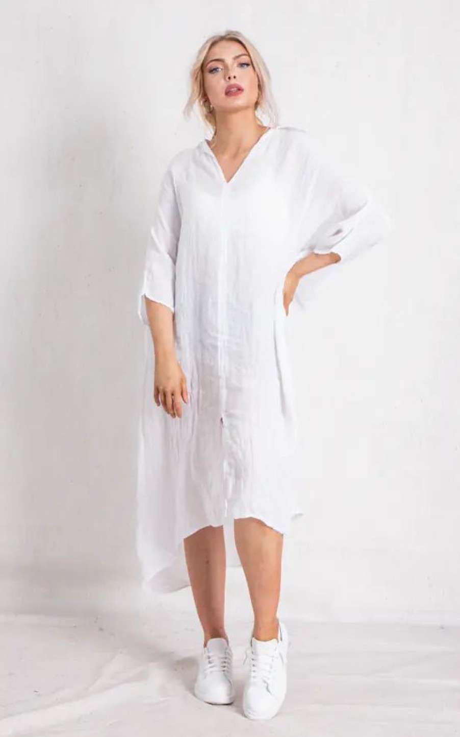 Dresses * | New Boutique Store White Linen V Neck Maxi Tunic