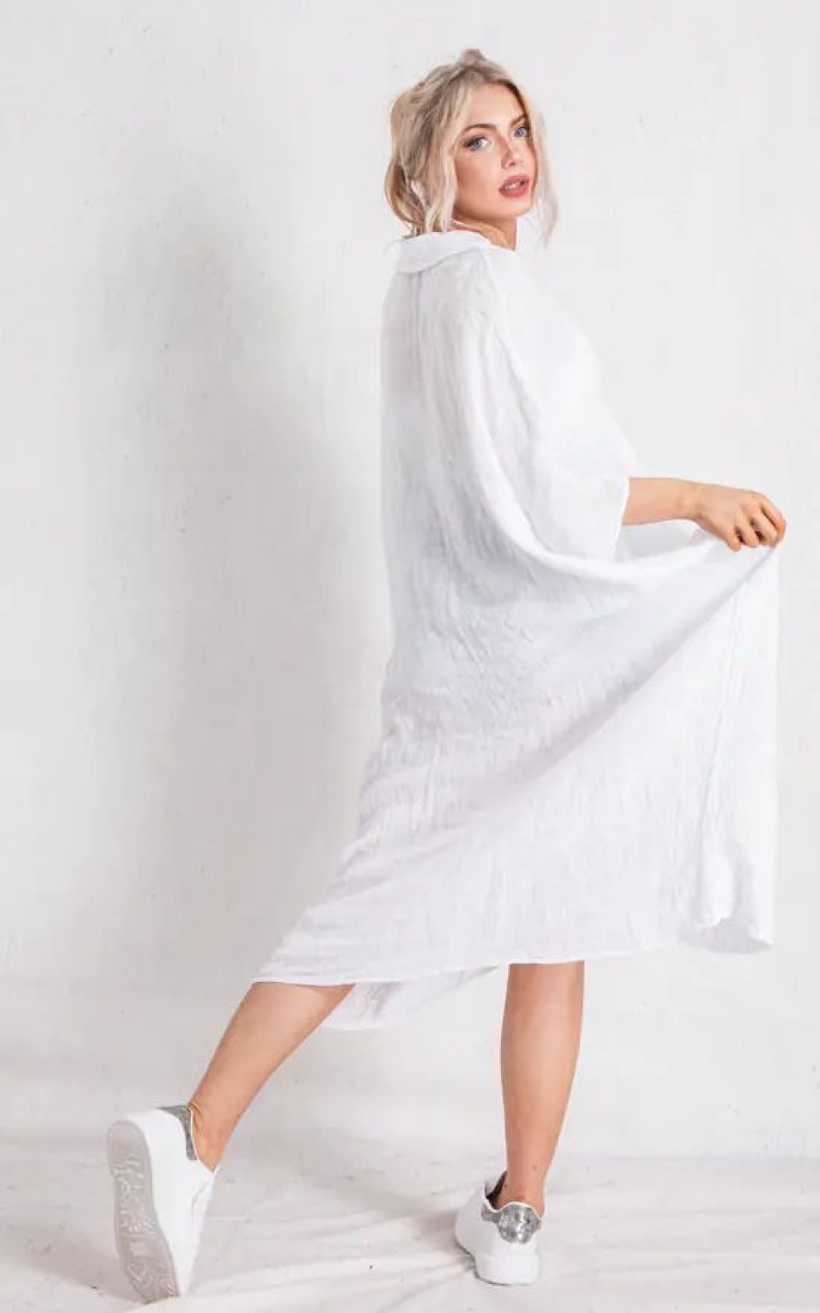 Dresses * | New Boutique Store White Linen V Neck Maxi Tunic