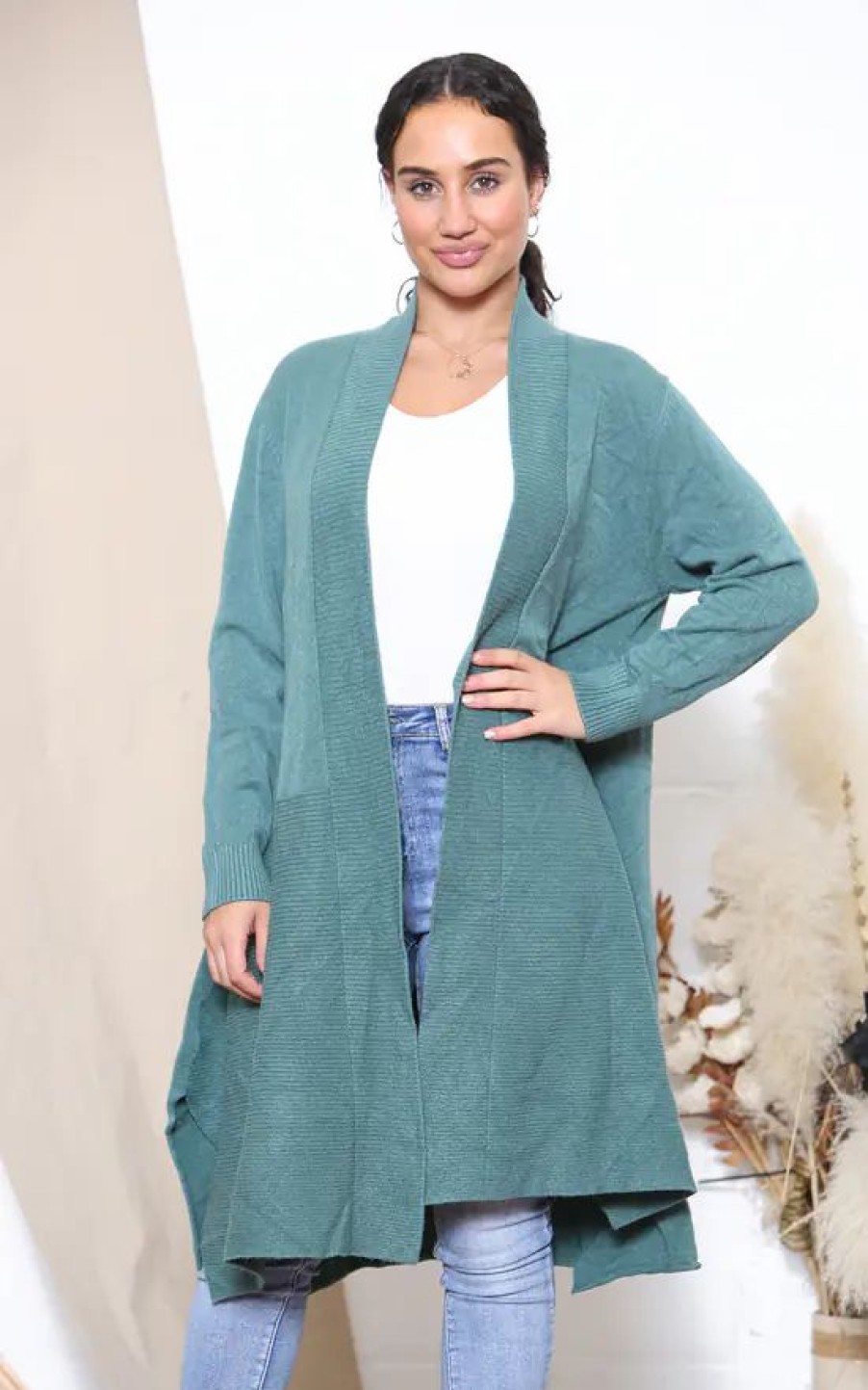 Knitwear * | Promo Lucy Sparks Lake Green Ribbed Texture Long Sleeve Cardigan