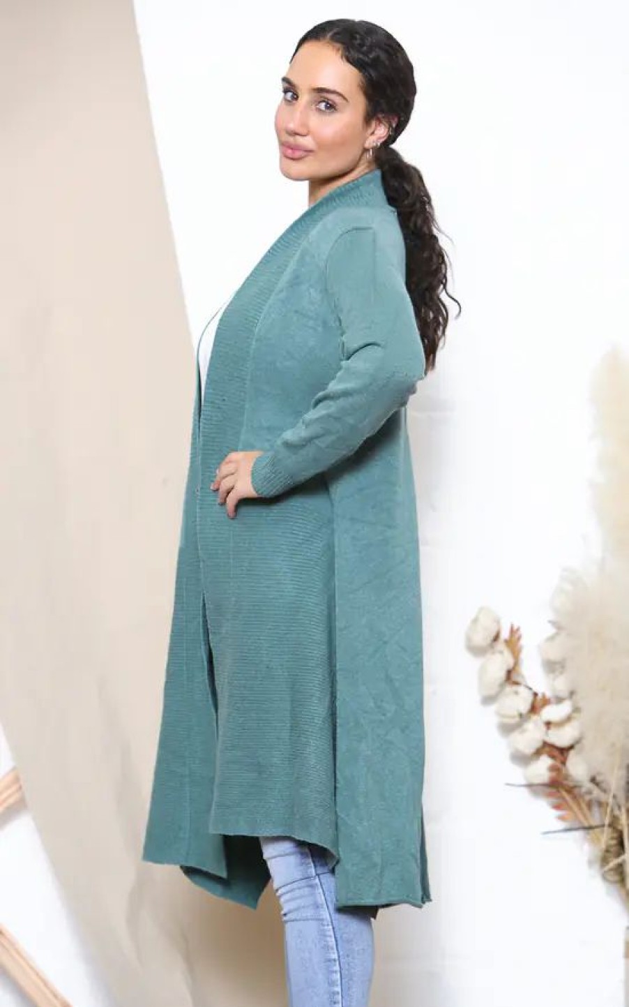 Knitwear * | Promo Lucy Sparks Lake Green Ribbed Texture Long Sleeve Cardigan