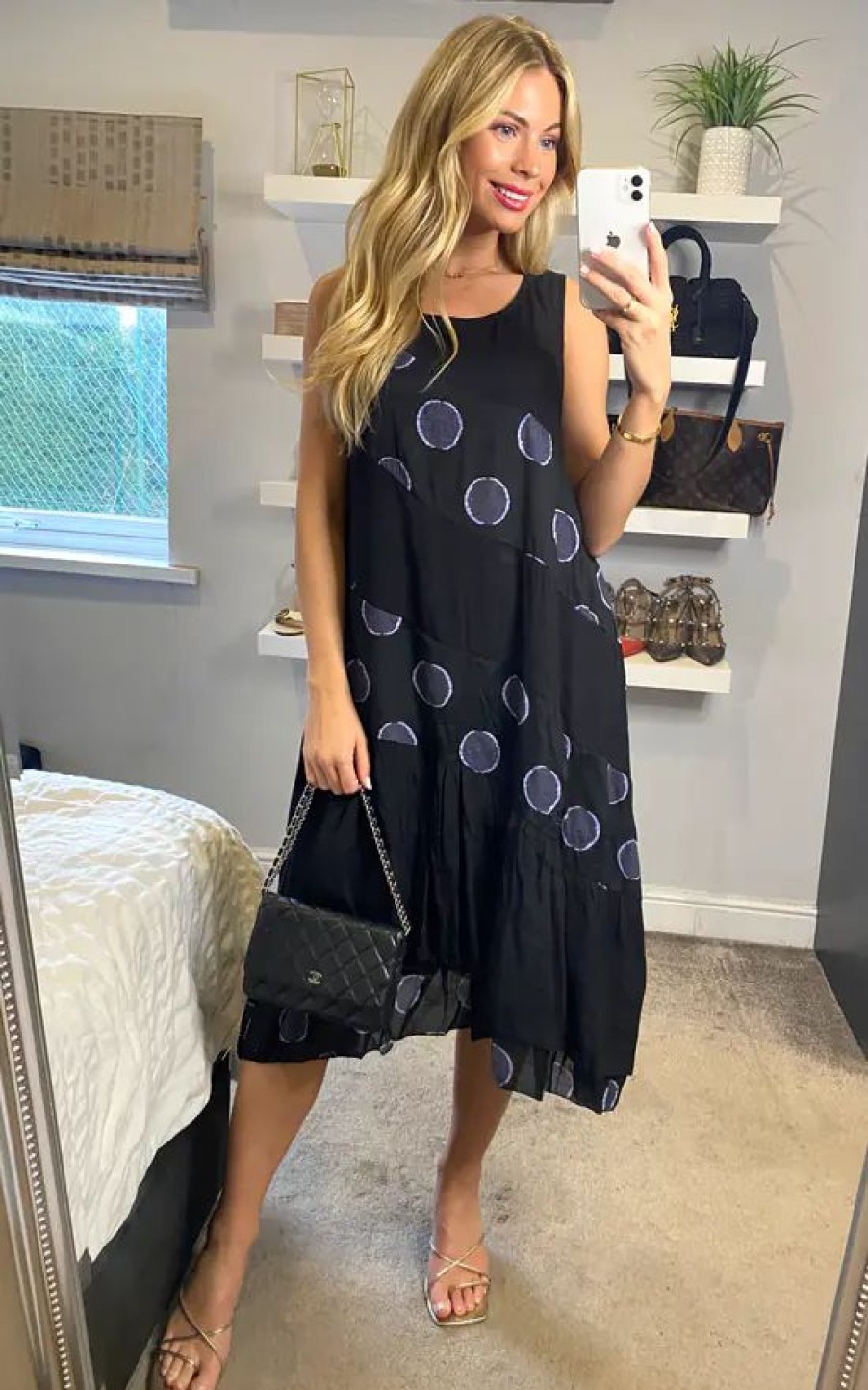 Dresses * | Buy Cy Boutique Contrast Layer Linen Dress In Black Polka Dot Print Holiday Wear