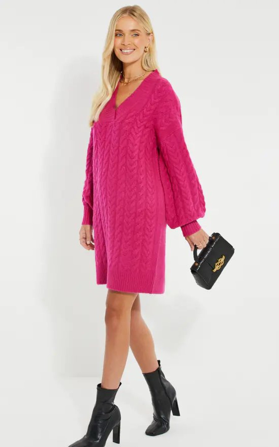 Dresses * | Flash Sale Threadbare Pink V Neck Chunky Cable Knit Jumper Dress