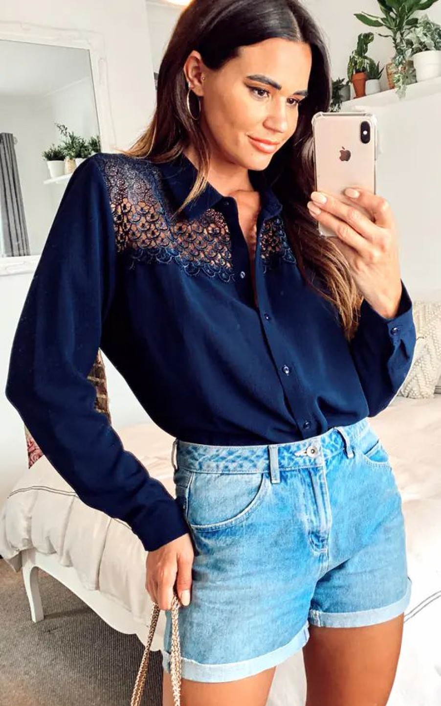 Tops * | New Hoxton Gal Oversized Shirt With Lace Detail In Navy