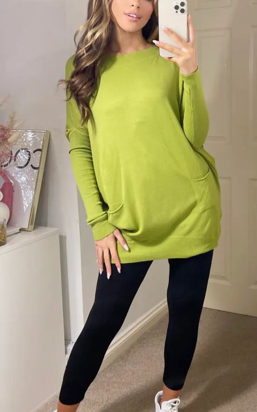 Dresses * | Best Sale Love Siena Longline Boat Neck Lime Green Knit With Pockets