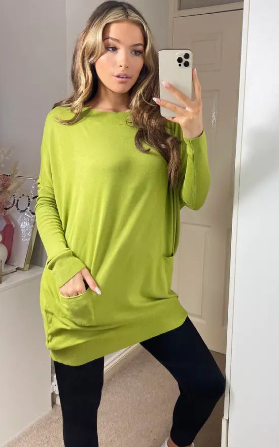 Dresses * | Best Sale Love Siena Longline Boat Neck Lime Green Knit With Pockets