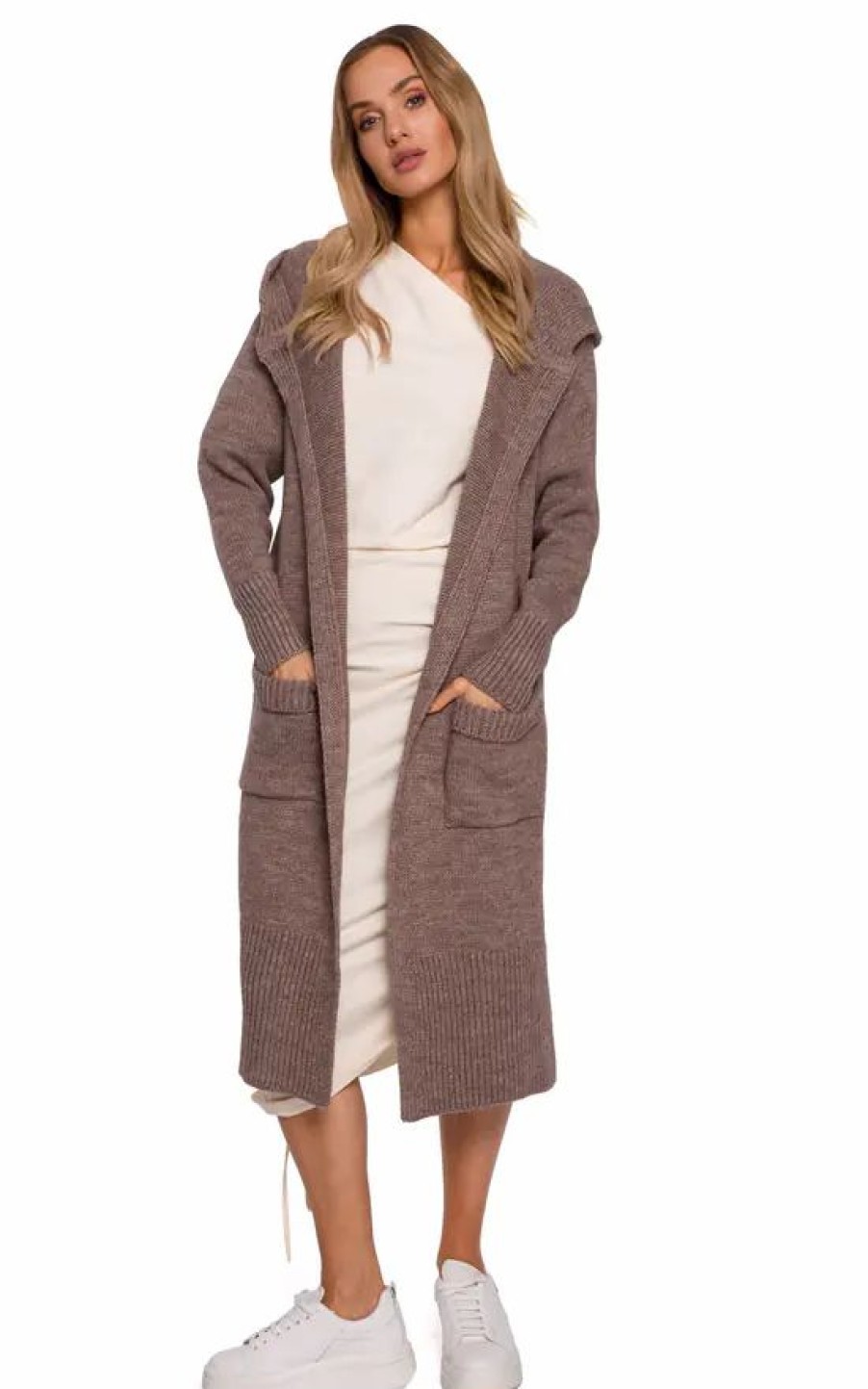 Knitwear * | Cheapest Moe Longline Hooded Cardigan With Pockets In Brown