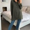 Tops * | Discount Hoxton Gal Oversized Long Sleeves Pleated Shirt In Khaki