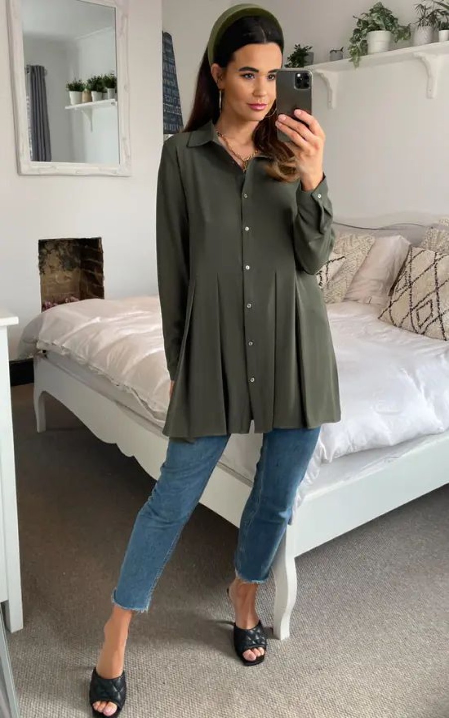 Tops * | Discount Hoxton Gal Oversized Long Sleeves Pleated Shirt In Khaki