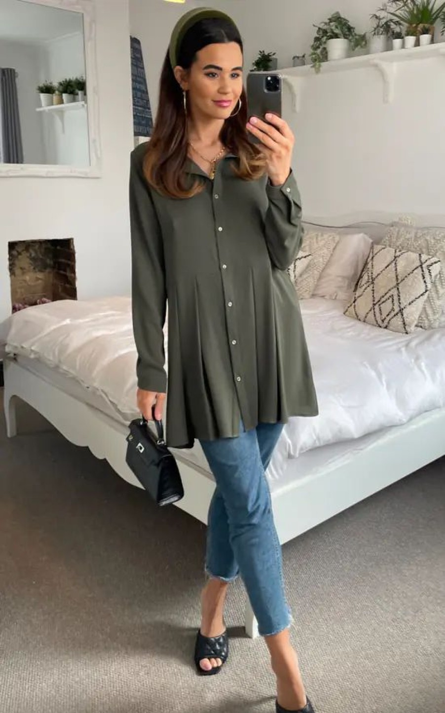 Tops * | Discount Hoxton Gal Oversized Long Sleeves Pleated Shirt In Khaki