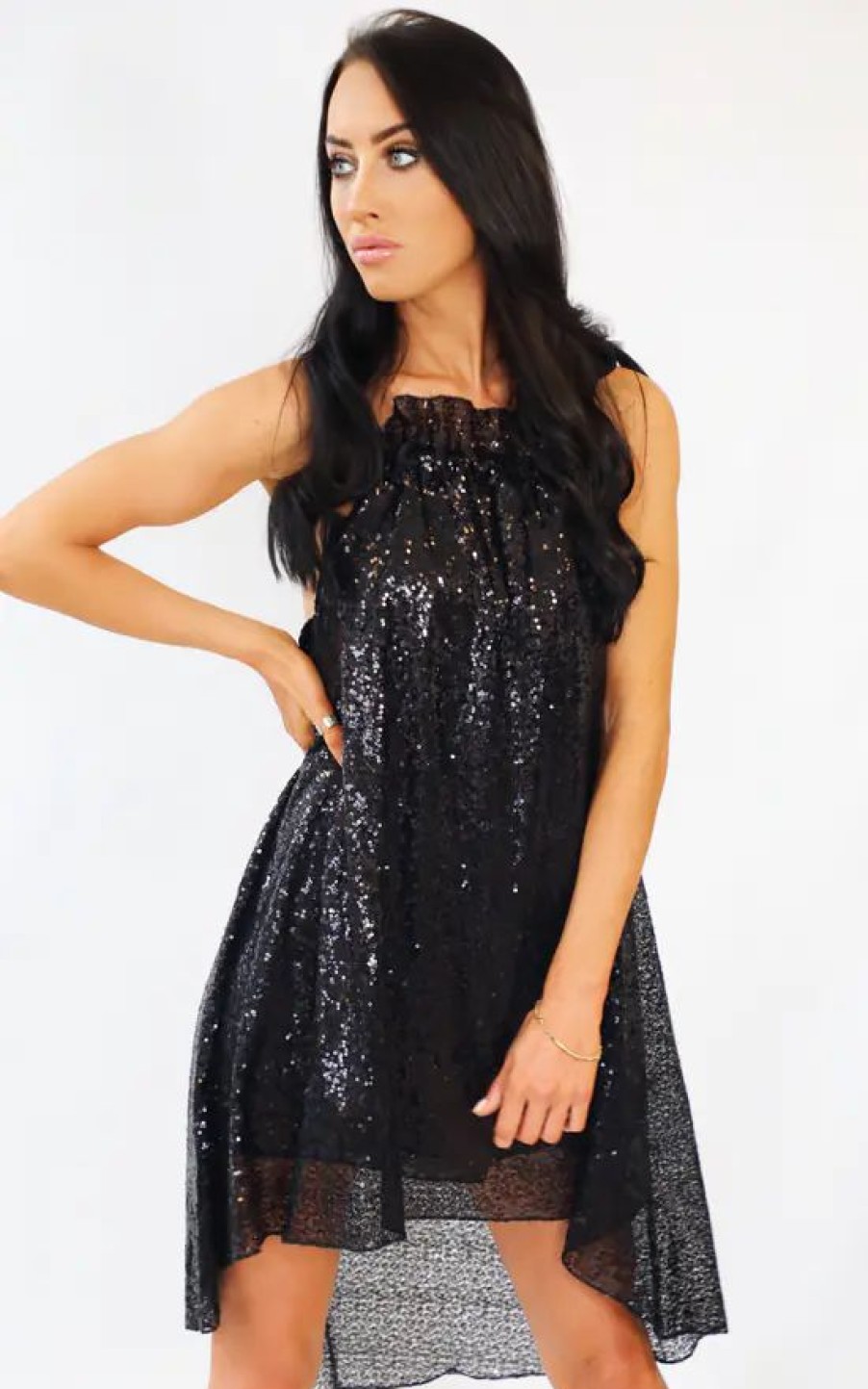 Dresses * | Promo Wired Angel Black Sequin Summer Swing Dress