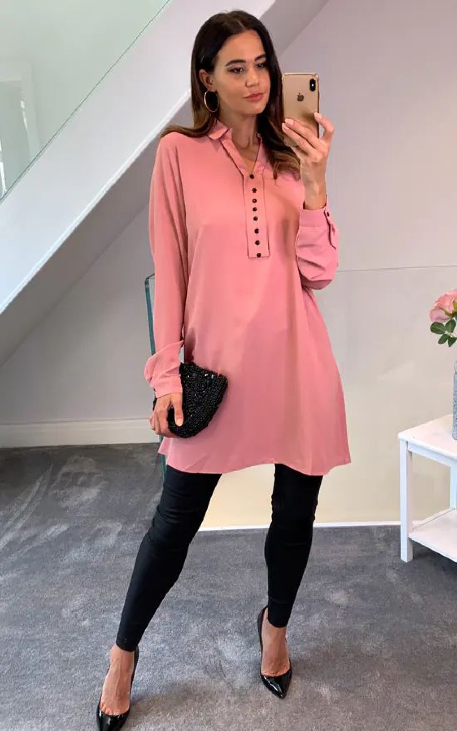 Tops * | Best Reviews Of Hoxton Gal Tunic Shirt With Button Details In Pink