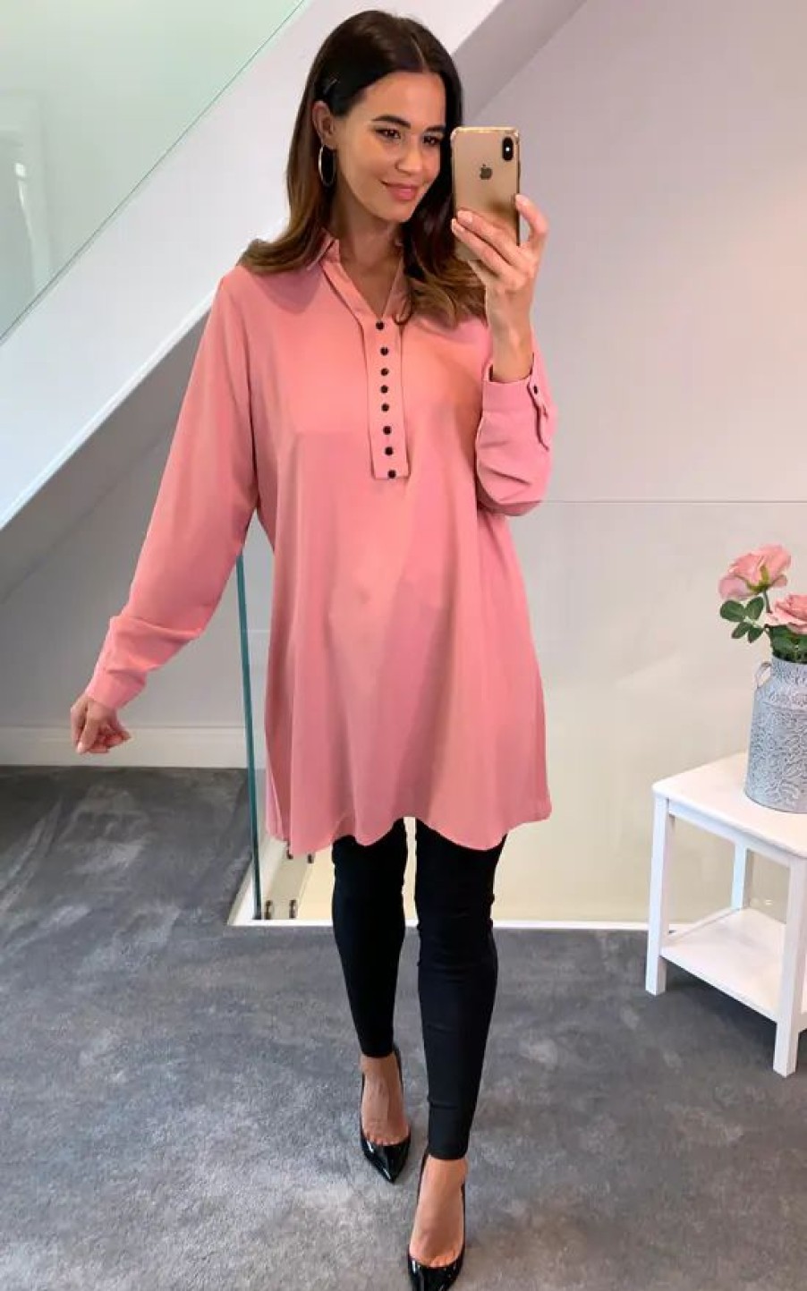 Tops * | Best Reviews Of Hoxton Gal Tunic Shirt With Button Details In Pink