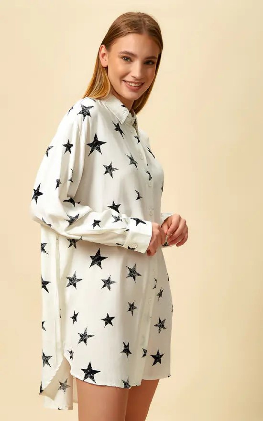 Tops * | Deals Hoxton Gal Oversized Tunic Shirt Top With Star Printed In White