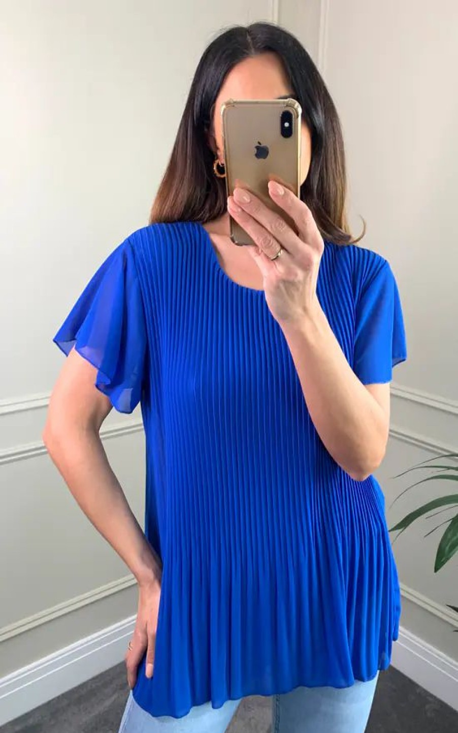 Tops * | Brand New Hoxton Gal Short Sleeves Oversized Pleated Top In Blue