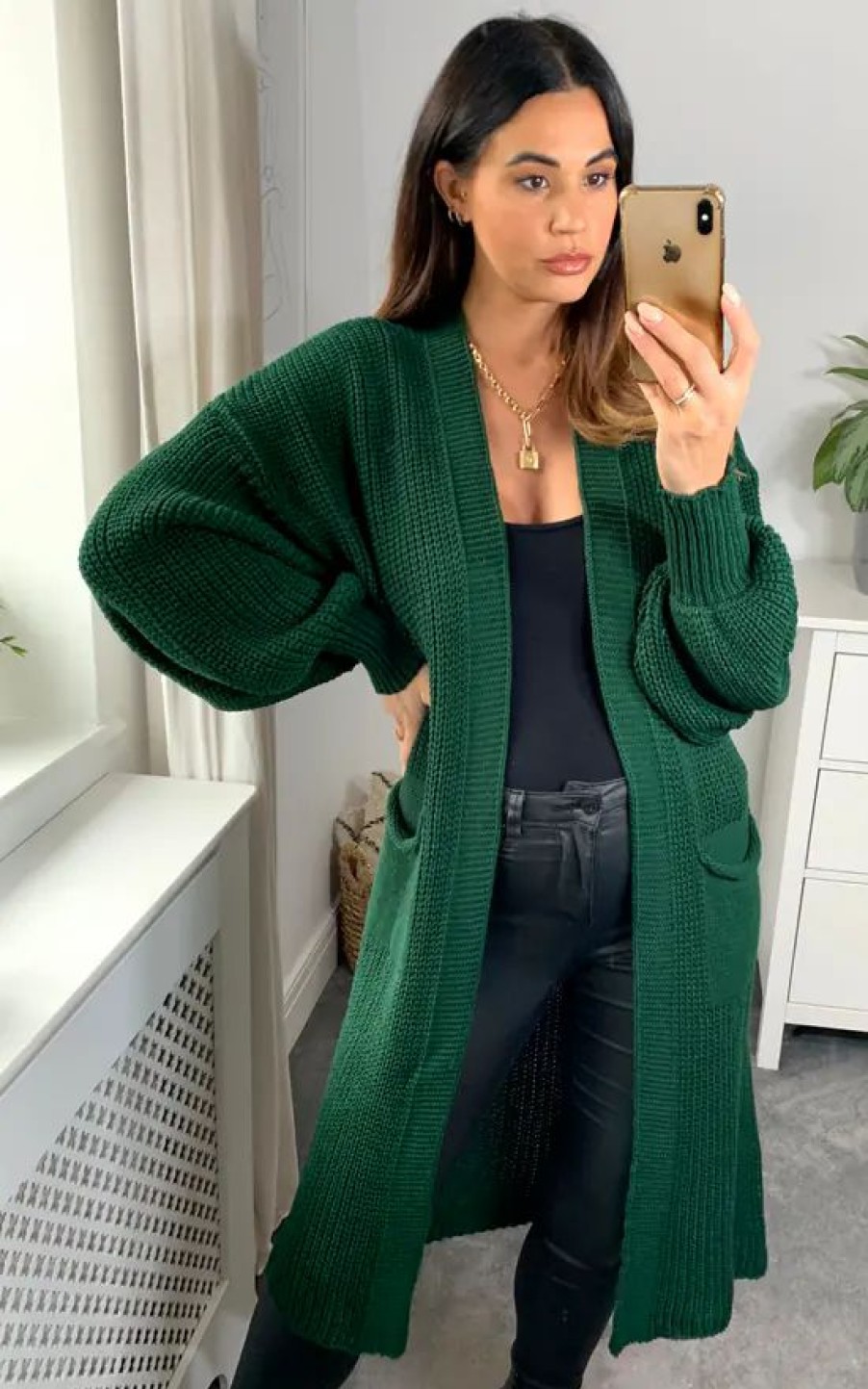 Knitwear * | New Hoxton Gal Oversized Long Sleeves Midi Knitted Cardigan With Pocket Details In Dark Green