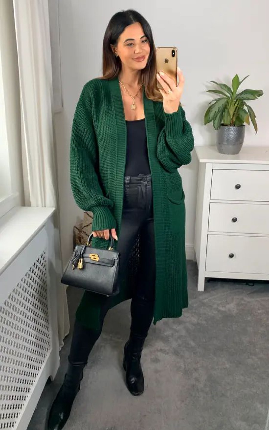 Knitwear * | New Hoxton Gal Oversized Long Sleeves Midi Knitted Cardigan With Pocket Details In Dark Green