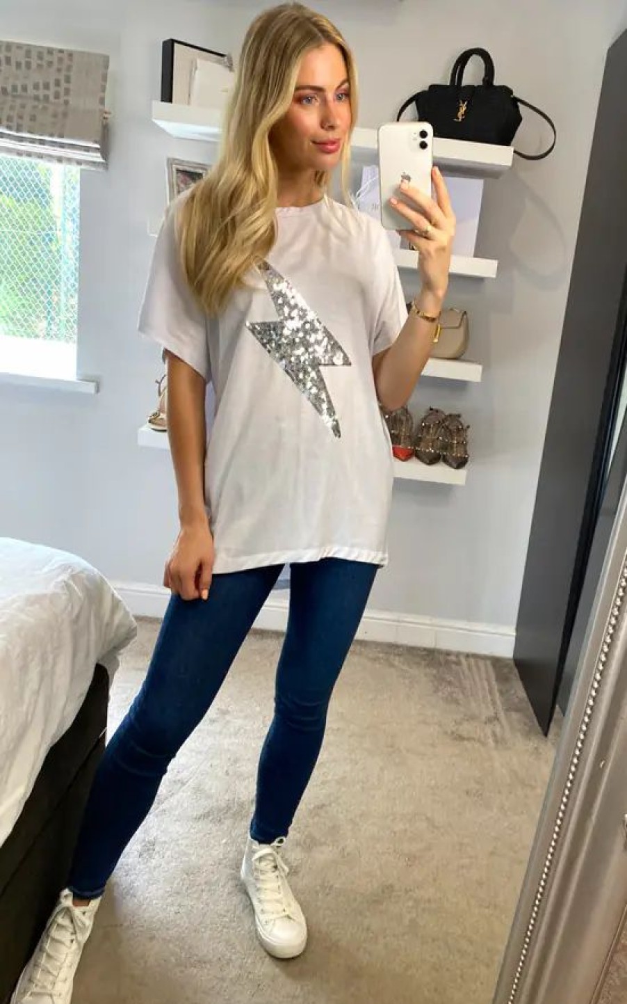 Tops * | Budget Hoxton Gal Oversized Sequin T Shirt In White