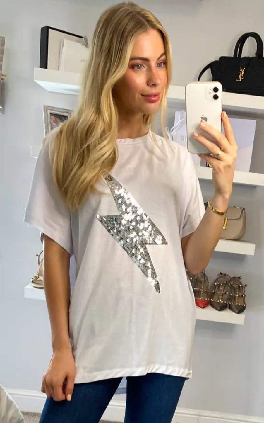 Tops * | Budget Hoxton Gal Oversized Sequin T Shirt In White