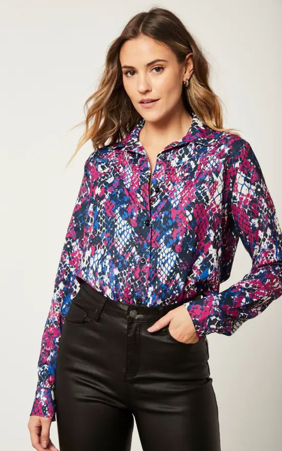 Tops * | New Jenerique Long Sleeve Printed Shirt In Fuchsia/Blue Animal Print