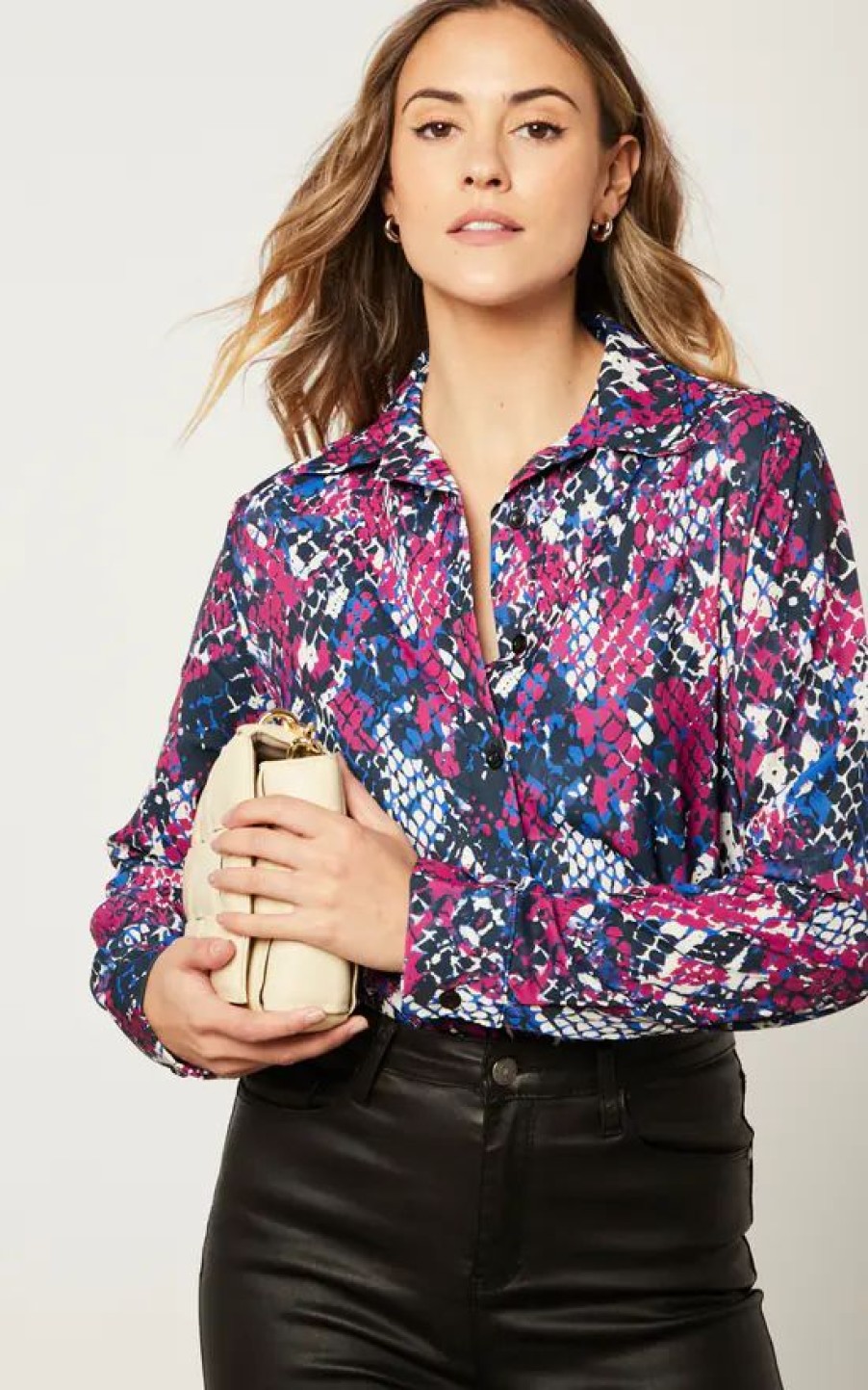 Tops * | New Jenerique Long Sleeve Printed Shirt In Fuchsia/Blue Animal Print