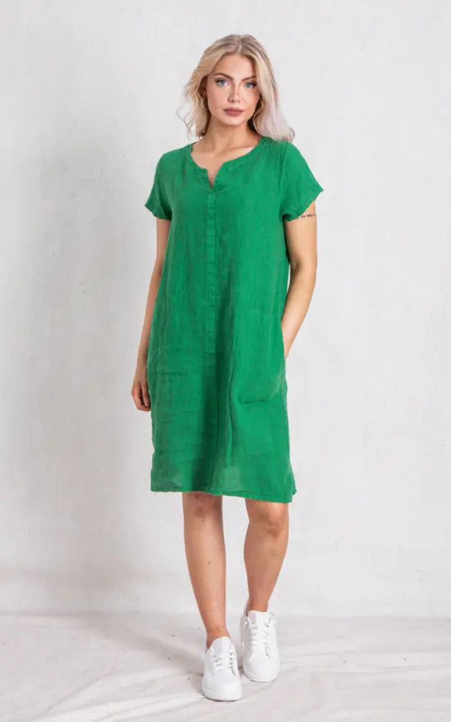 Dresses * | Flash Sale Boutique Store Green Linen V Neck Mini Dress