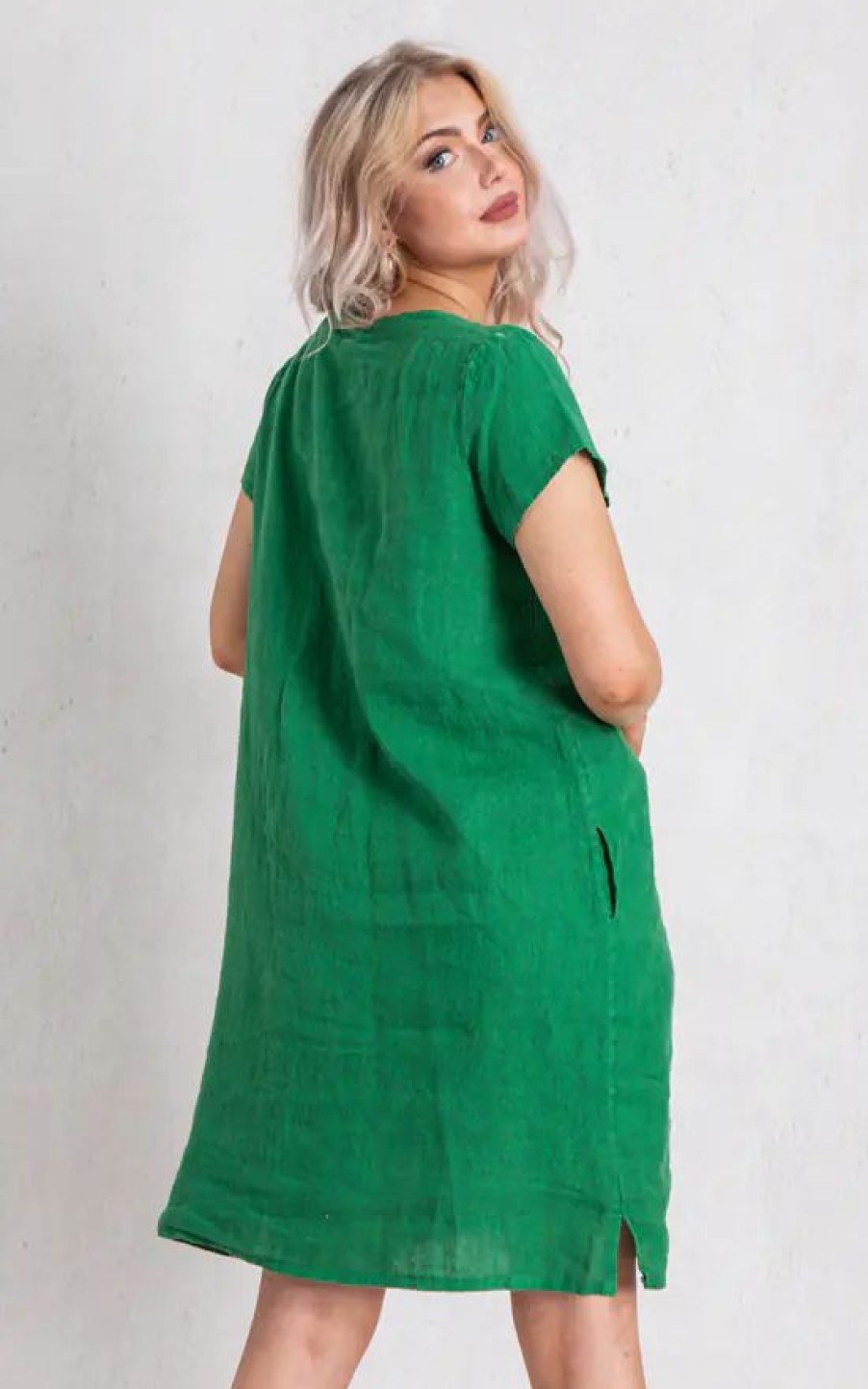 Dresses * | Flash Sale Boutique Store Green Linen V Neck Mini Dress