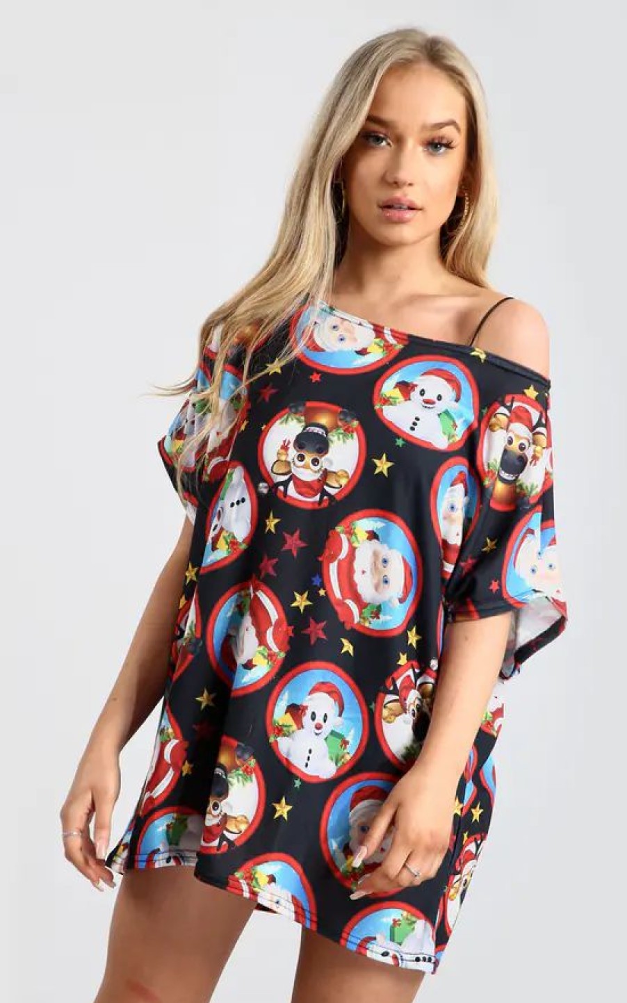 Tops * | Hot Sale Oops Fashion Eliza Christmas Batwing Top In Santa Bubbles