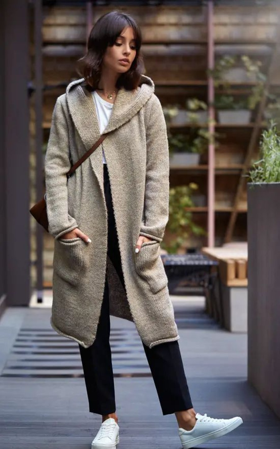 Knitwear * | Best Deal Moe Light Brown Hooded Long Cardigan